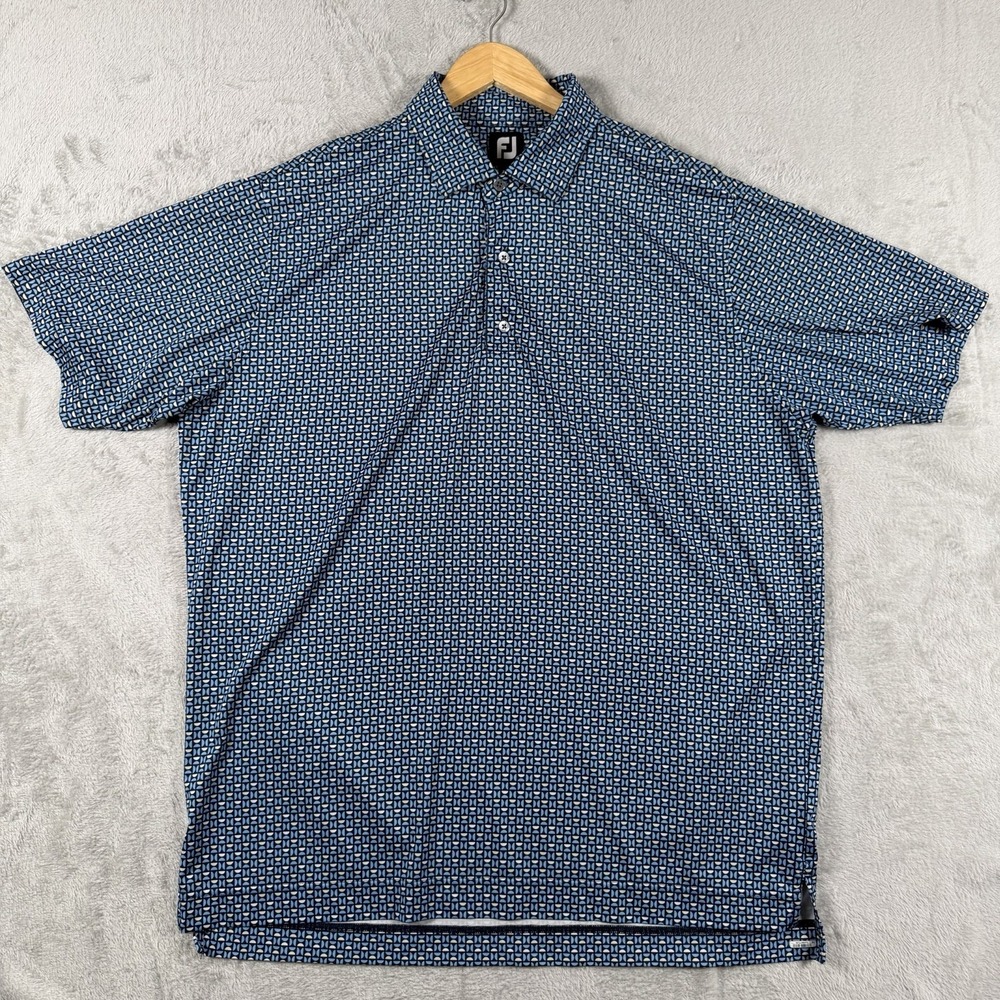 FootJoy Mens XL Blue Geometric Print Stretch Golf Polo Shirt Short Sleeve - Picture 2 of 7